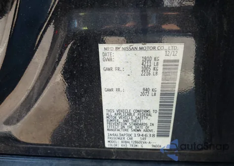 2013 Nissan Altima 2.5 Sv z USA, uszkodzony, nr VIN 1N4AL3AP3DC194638